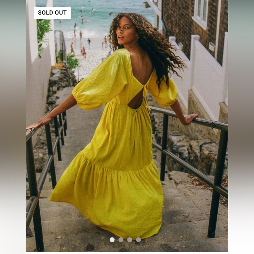 NWT Billabong Dream Chaser Open Back Yellow Tiered Maxi Summer Sun Beach Dress M